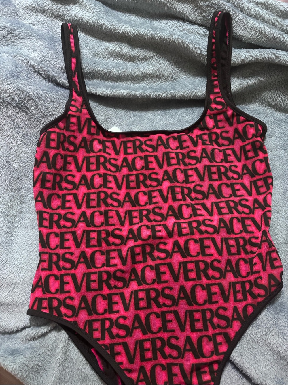 Versace Hot Pink and Black Logo One-Piece size 4